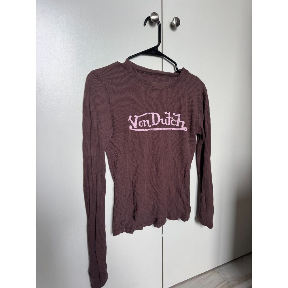 RARE Vintage 90s Von Dutch Waffle Knit Brown Logo Slim Fit Long Sleeve Top